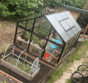 Clear glass greenhouse with black metal framing shown at an angle. One raised garden bed is visible in front of the greenhouse.