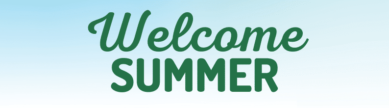 "Welcome Summer" in green text on light blue background