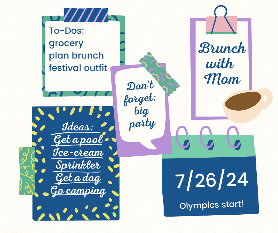 Bulletin board graphic with imaginary summer to-do lists with items such as "brunch with Mom" and "don't forget big party" in bright colors on white background